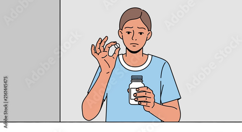 Person holding medicine pill and bottle, worried expression, isolated