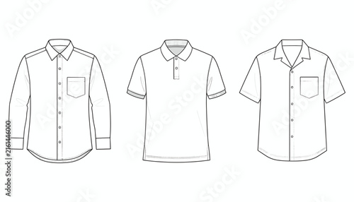 Technical line drawings of three types of men shirts including a dress shirt, a polo shirt, and a casual short sleeve.
