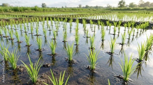 Young green rice seedlings growing in flooded paddy field