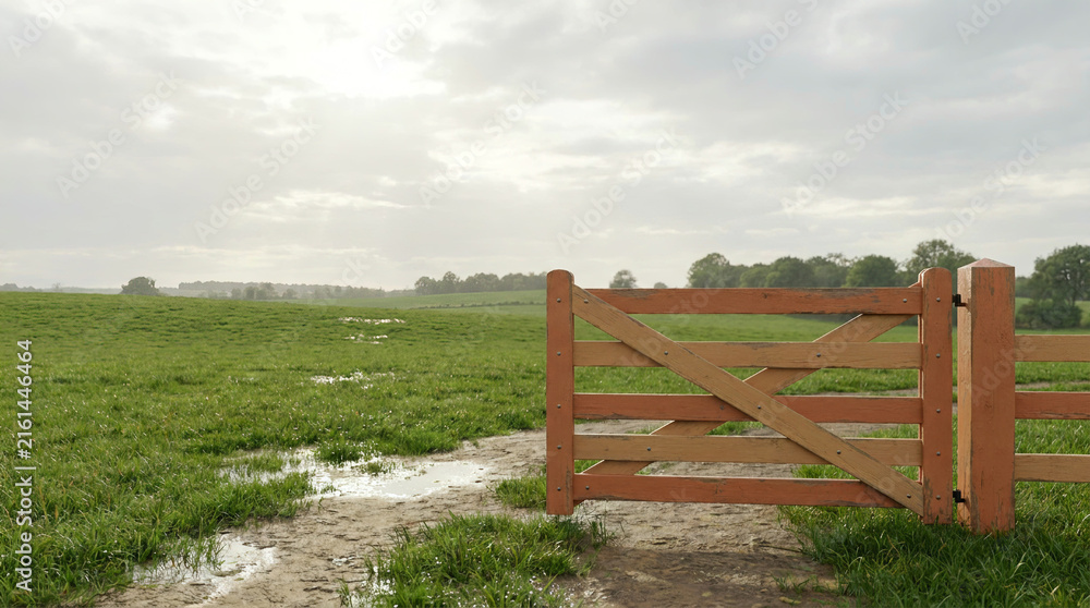 Fototapeta premium Wooden Farm Gate Standing Ajar on Muddy Path Leading Through Green Pasture Under Overcast Sky