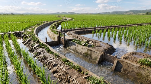 Traditional irrigation canal in green rice field with wooden sluice gate