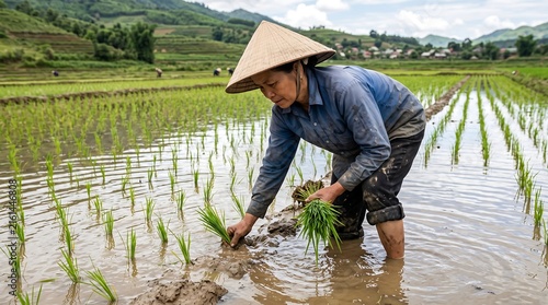 Vietnamese woman planting rice seedlings in terraced field