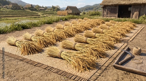 Traditional harvested rice bundles drying on mats in rural Japanese village