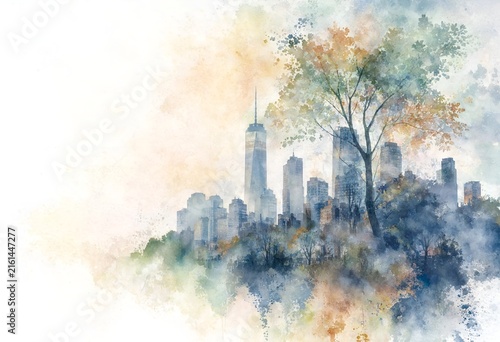Watercolor painting of a city skyline with a prominent tree in the foreground