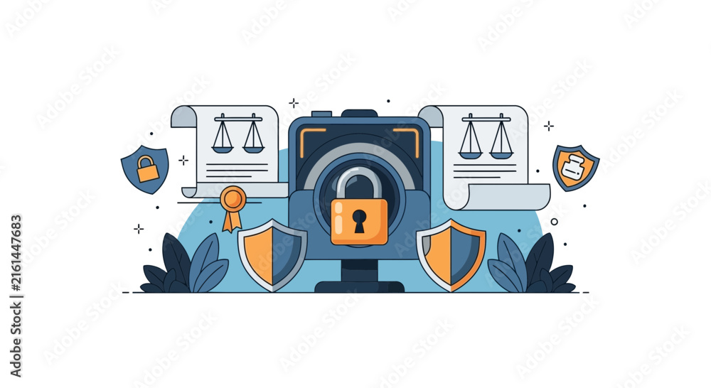 Naklejka premium Cybersecurity Legal Protection and Data Privacy Concept Vector Illustration
