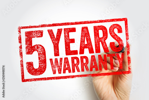 5 YEARS WARRANTY stamp applies the marking tool, emphasizing assurance, trust, durability and product reliability for consumer goods, services or support materials