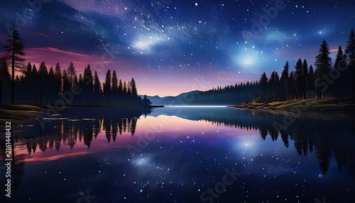 nighttime landscape of lake and forest under starry sky reflection