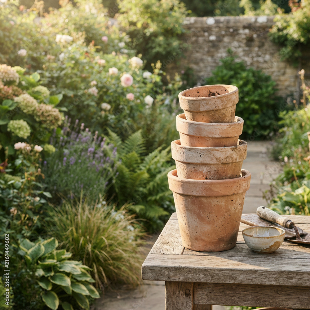 Fototapeta premium Five terracotta pots stacked beside a trowel and bowl on a weathered garden table