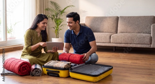 Modern Indian couple packing suitcase and using tablet for winter travel planning at home