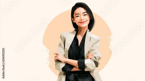 Confident young woman smiling with her arms crossed dressed in professional attire set against a gentle background