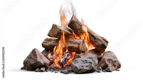 Authentic campfire scene featuring glowing logs and stones ideal for outdoor adventures and nature inspired projects