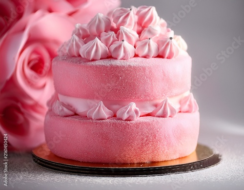 pink cake with thick frosting layers soft focus on sugary texture