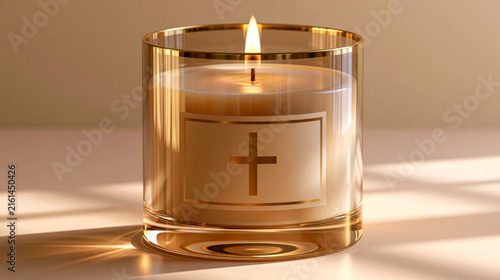 Stylish glass candle featuring a cross pattern casting a warm glow in a peaceful environment