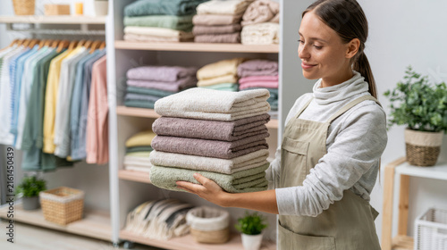 Woman organizing soft towels in a cozy retail space with neatly arranged fabrics and a calm atmosphere