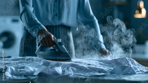 A detailed view of an individual using a steam iron on a shirt in a warm and inviting laundry room environment