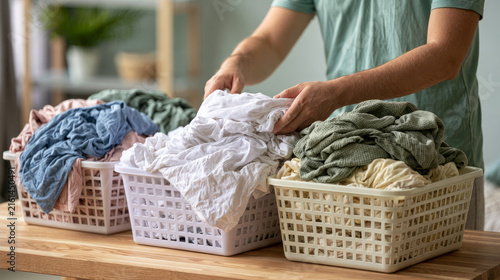 Individual sorting neatly cleaned laundry into baskets at home for everyday tasks and household management