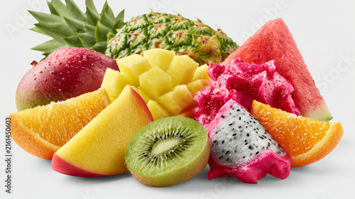 Vibrant assortment of fresh tropical fruits including mango pineapple kiwi and watermelon on a light background