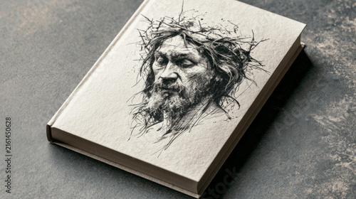 Artistic representation of a bearded man with thorn crown on a book cover symbolizing sacrifice and spirituality