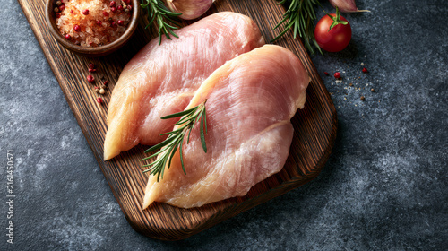Raw chicken breast seasoned with herbs placed on a wooden cutting board prepared for cooking delicious meals