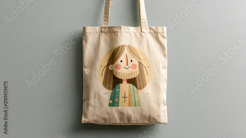Playful illustration featuring a cheerful character on a tote bag design filled with vibrant colors and fun patterns
