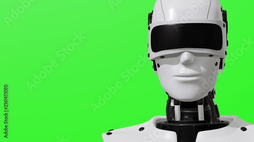 Friendly AI robot face looking at the camera on a green screen background, presenting a helpful digital assistant concept for technology, innovation, artificial intelligence, automation, and futuristi
