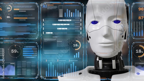 Futuristic AI assistant robot interacting with an advanced HUD dashboard, displaying real time data, digital analytics, system information, and intelligent technology for modern business innovation