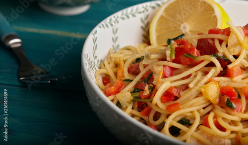 Italian styled prawn and chorizo with spaghetti.