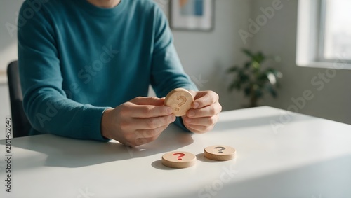 Plakat w ramie Person Carefully Evaluating Wooden Disks Featuring Question Marks for Decision Making Process