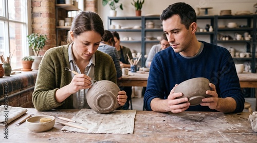Classmates refine handmade bowls at a clay worktable