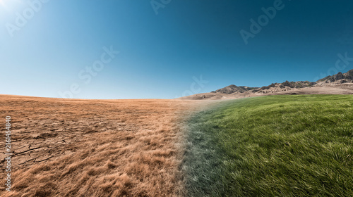 Hilly terrain showcasing dramatic transition from dry parched earth to vibrant green grassland under bright blue sky.
