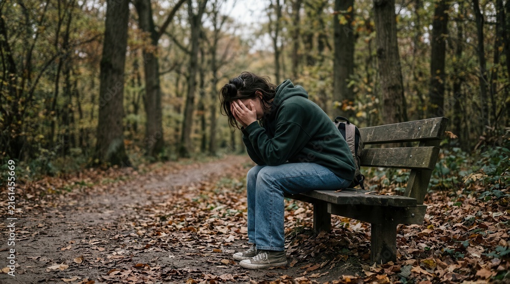 Fototapeta premium Distressed young person sitting on a wooden bench, covering their face with hands. Autumn forest path with fallen leaves. Feeling of profound sadness and loneliness.