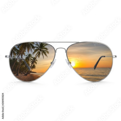 Aviator sunglasses with tropical beach reflection