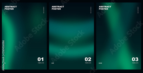 Set of three modern dark green gradient abstract poster templates on transparent background