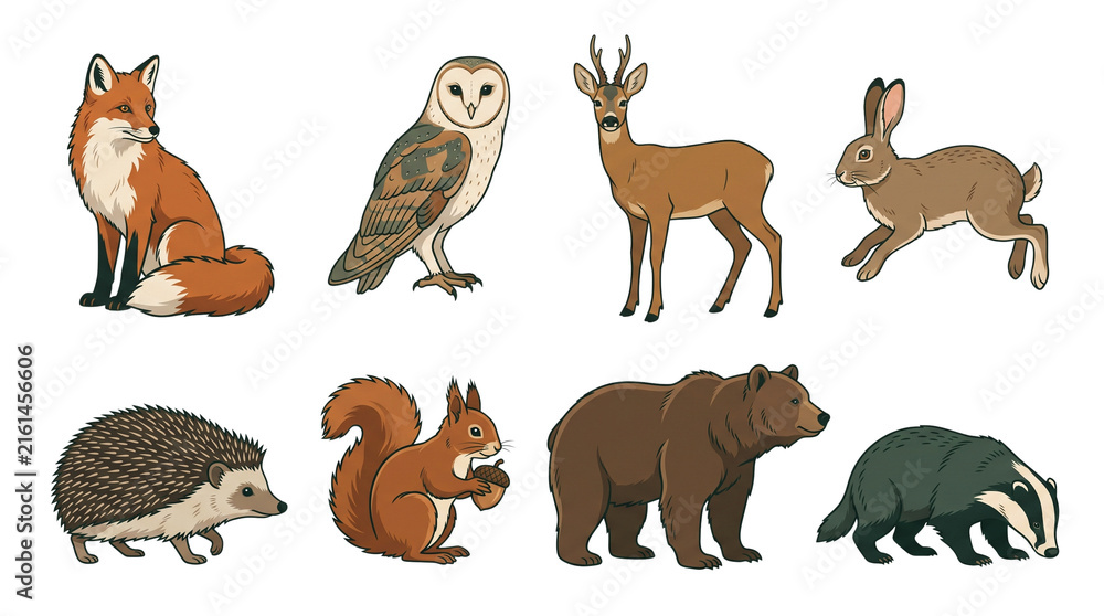 Obraz premium Illustrated forest animals collection, set of 8 woodland wildlife icons. Hand drawn fox, bear, owl, and deer characters on white.