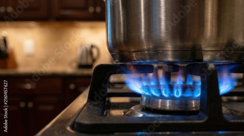 Kitchen Gas Stove Burner with Blue Flame and Stainless Steel Pot Website Banner Hero Header Wide Background Copy Space Energy Efficiency ESG Minimalism Sustainability