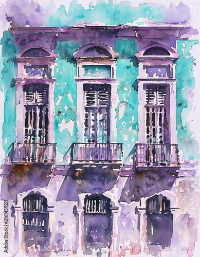 Vibrant Watercolor Facade of Colonial Old San Juan