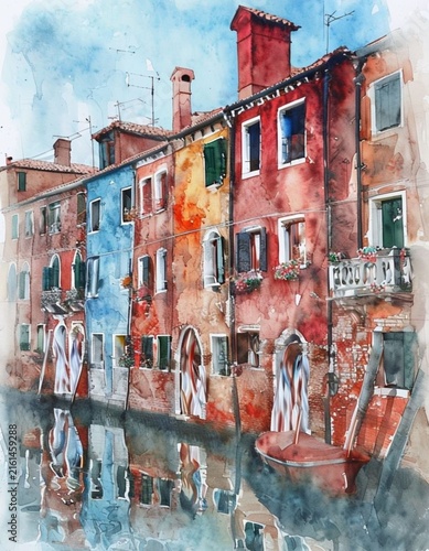 Watercolor Painting of Colorful Houses Along Venice Canal