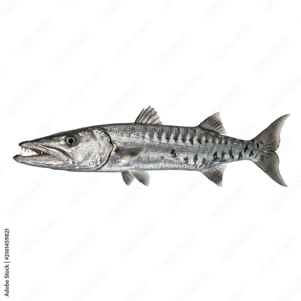 Naklejka premium Great barracuda fish facing left isolated on white background with barracuda