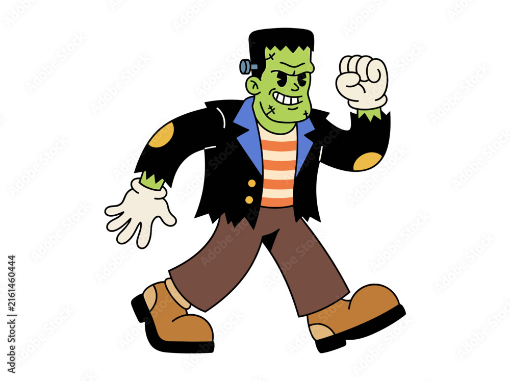 Obraz premium Retro Cartoon Frankenstein Monster in 1930s Rubber Hose Style Walking Isolated on White