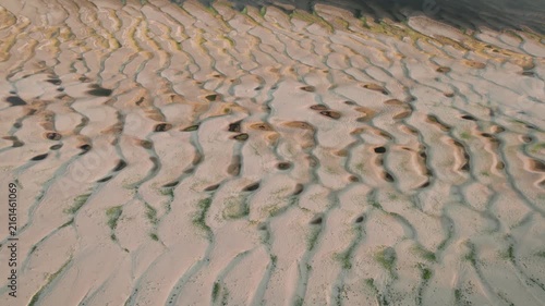 Aerial view of abstract sand patterns and flowing Danube River during low river levels	and drought
