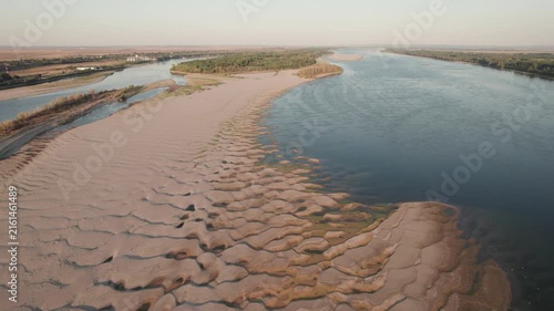 Aerial panorama of the low Danube with exposed sand islands between Romania and Bulgaria