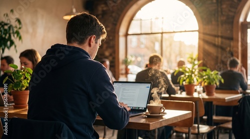 teen age boy working on laptop in caffee