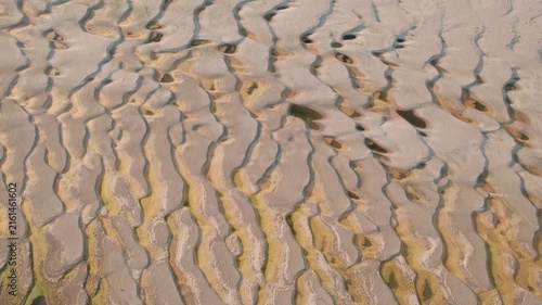 Aerial view of abstract sand patterns and flowing Danube River during low river levels	and drought
