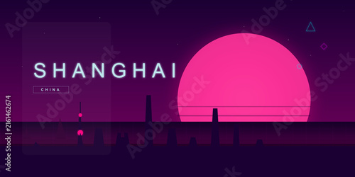 Photography Futuristic shanghai cityscape neon sunset graphic design art on transparent back