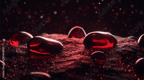 Abstract 3D render of glossy transparent red gemstone droplets on a dark textured surface with floating glowing red particles