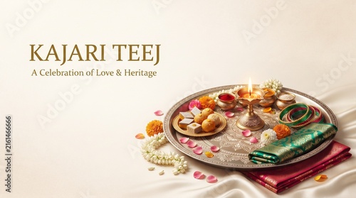 Minimal Kajari Teej Festival Greeting Layout with Puja Thali, Diyas and Text Space on Clean Background