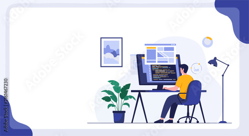 Software developer writing code at a computer desk with plant and space for text on a clean violet background.