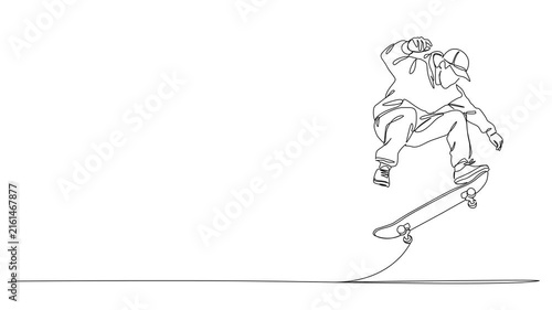 animated continuous line drawing of young man performing ollie jump on skateboard, line art animation