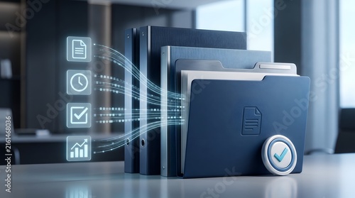 Naklejka Digital data flow into blue file folders and binders
