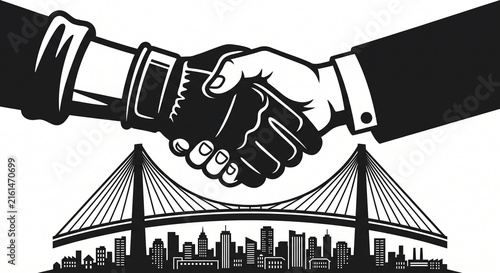 Handshake illustration featuring two hands reaching agreement above a suspension bridge and city skyline.